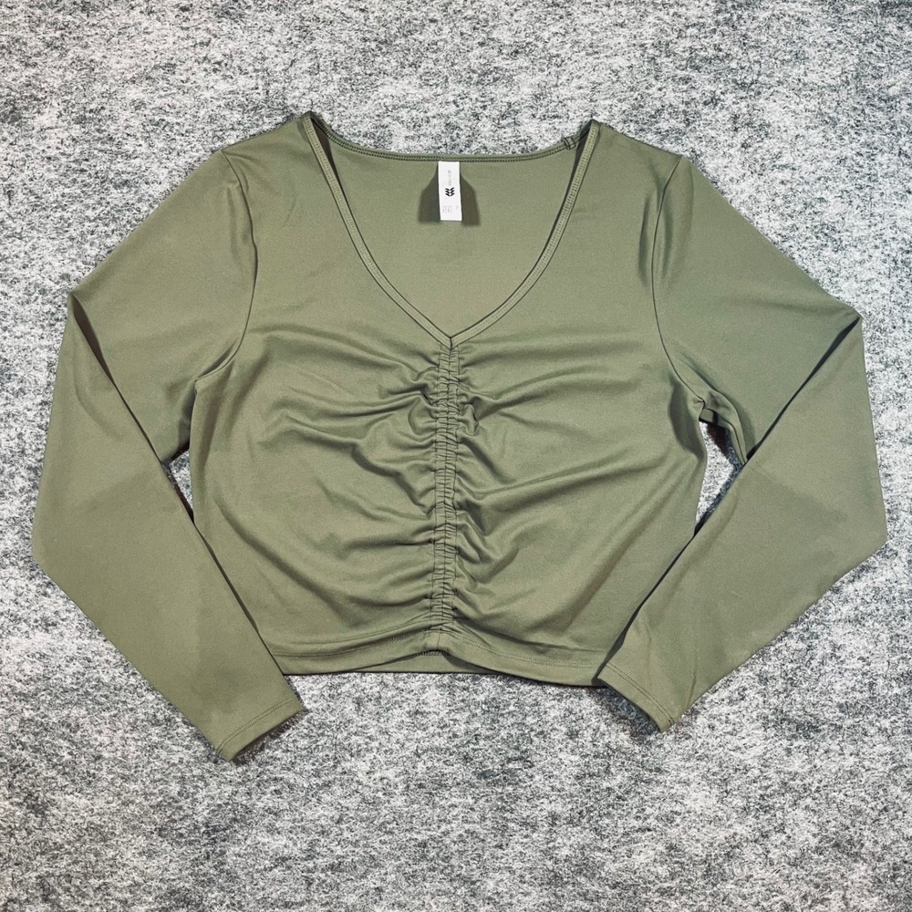 All in Motion Ruched Crop Top Women XL Olive Green Cinched Long Sleeve V-Neck